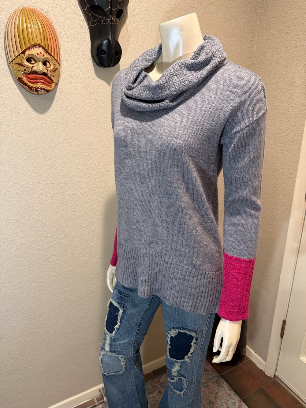 Y2K The Limited Gray Cowl Neck Knit Sweater with Fuchsia Pink Cuffs